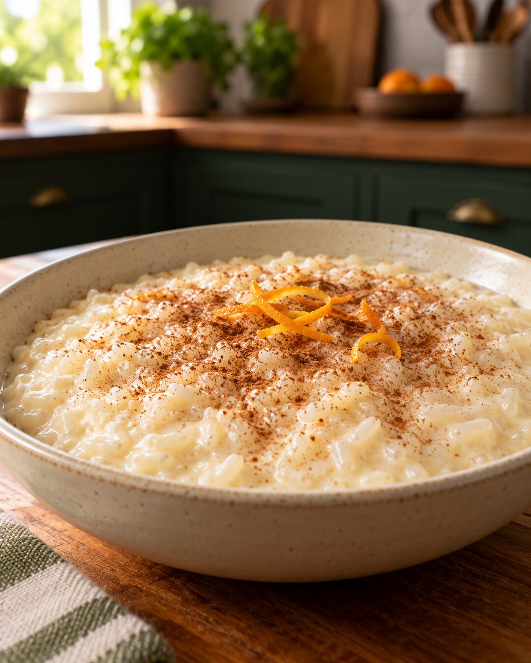 Arroz-doce cremoso com canela e laranja