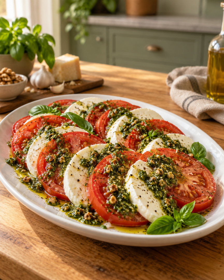 Salada caprese com pesto de manjericão