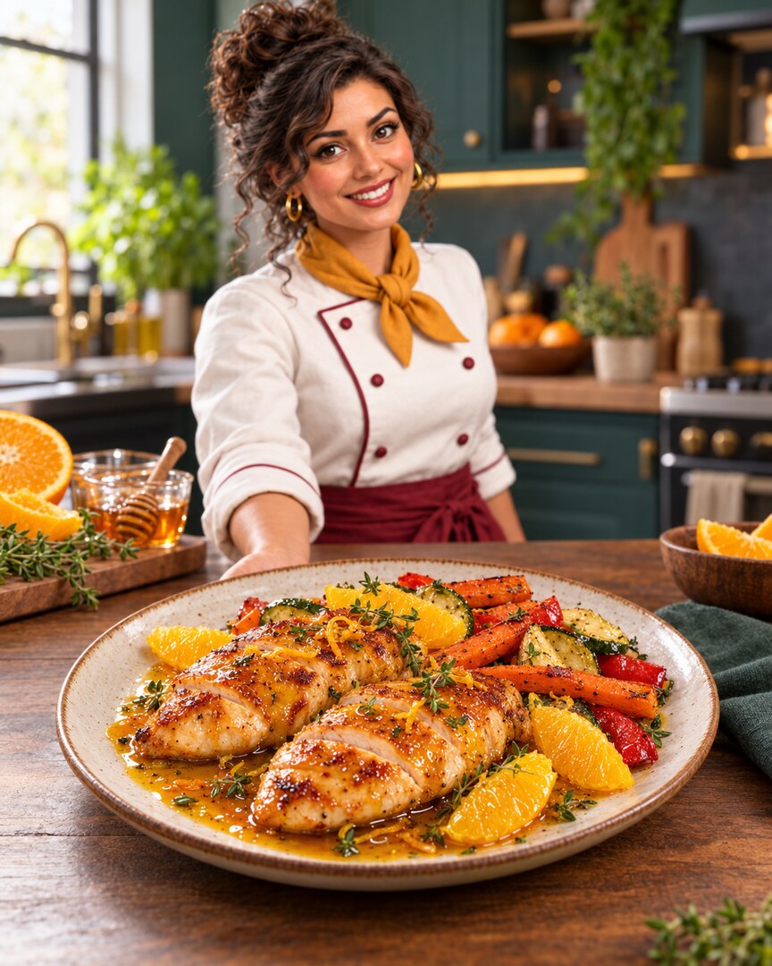 Filé de frango ao molho de laranja e mel com legumes dourados