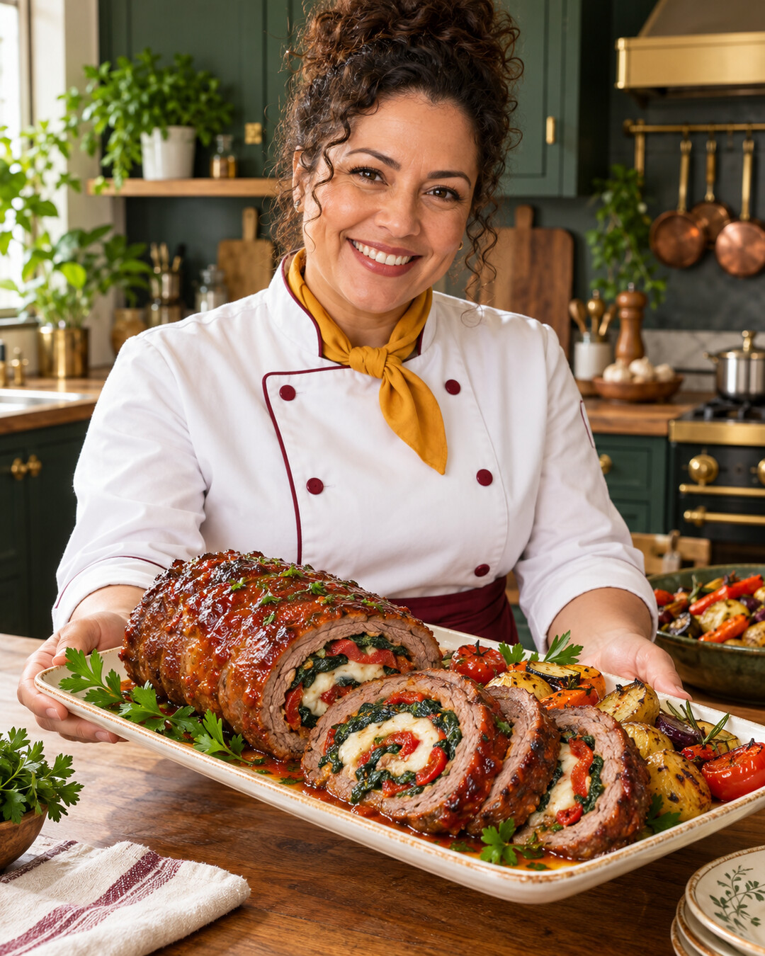 Rocambole de carne com espinafre e queijo