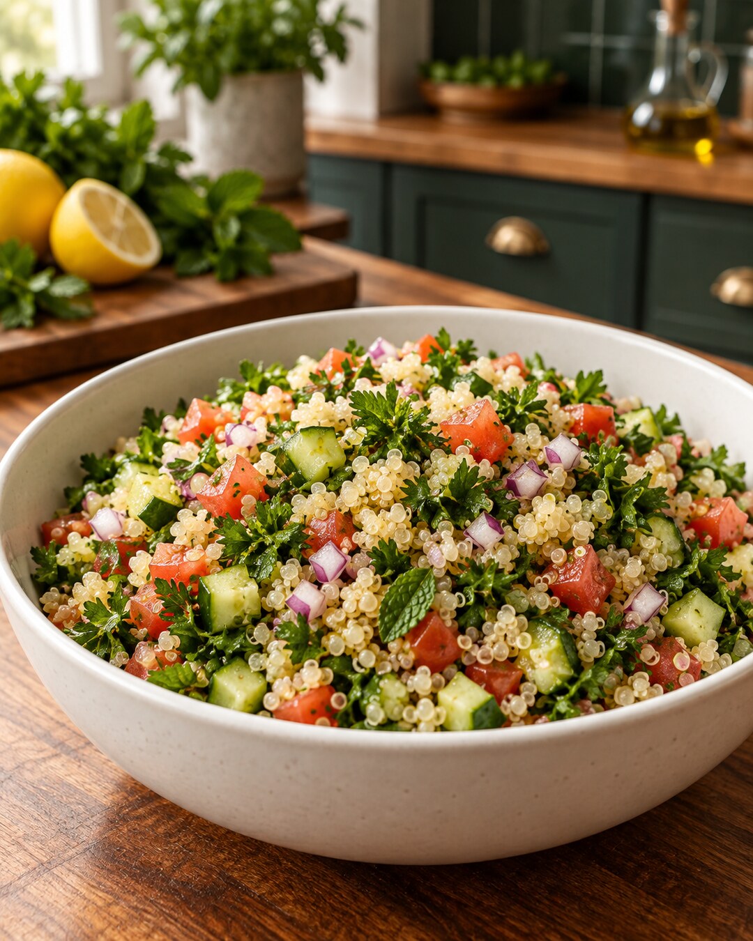 Tabule de quinoa com pepino e hortelã