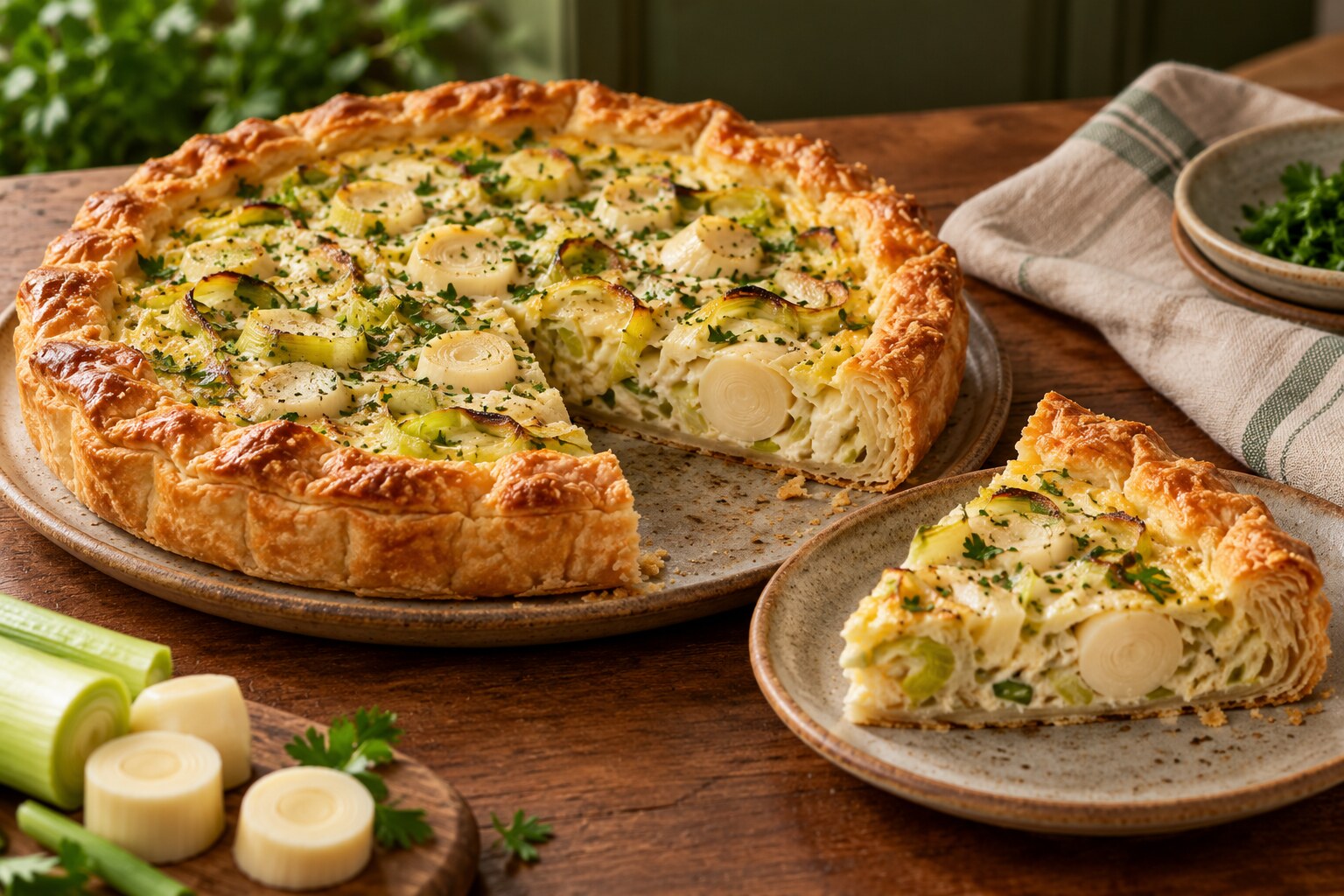 Torta folhada de palmito e alho-poró